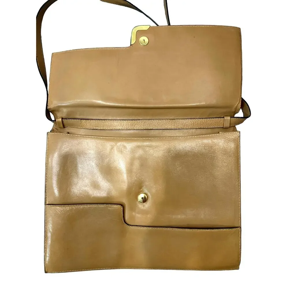 Vintage 70s Camel Leather Shoulder Bag w/ Brass Detail & Flap Closure